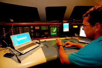 Turquoise catamaran helm station