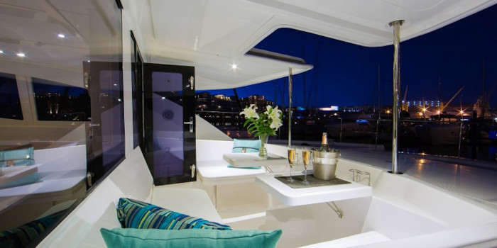 Luxury catamaran at night in the Seychelles