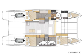 Plan du catamaran Hinatea, pont inférieur, croisières voile et plongée, aux Seychelles