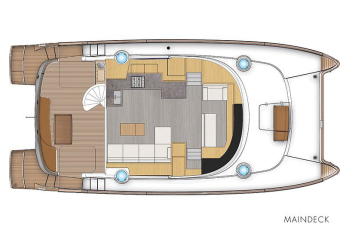 Plan du catamaran Hinatea, pont principal, croisières voile et plongée, aux Seychelles